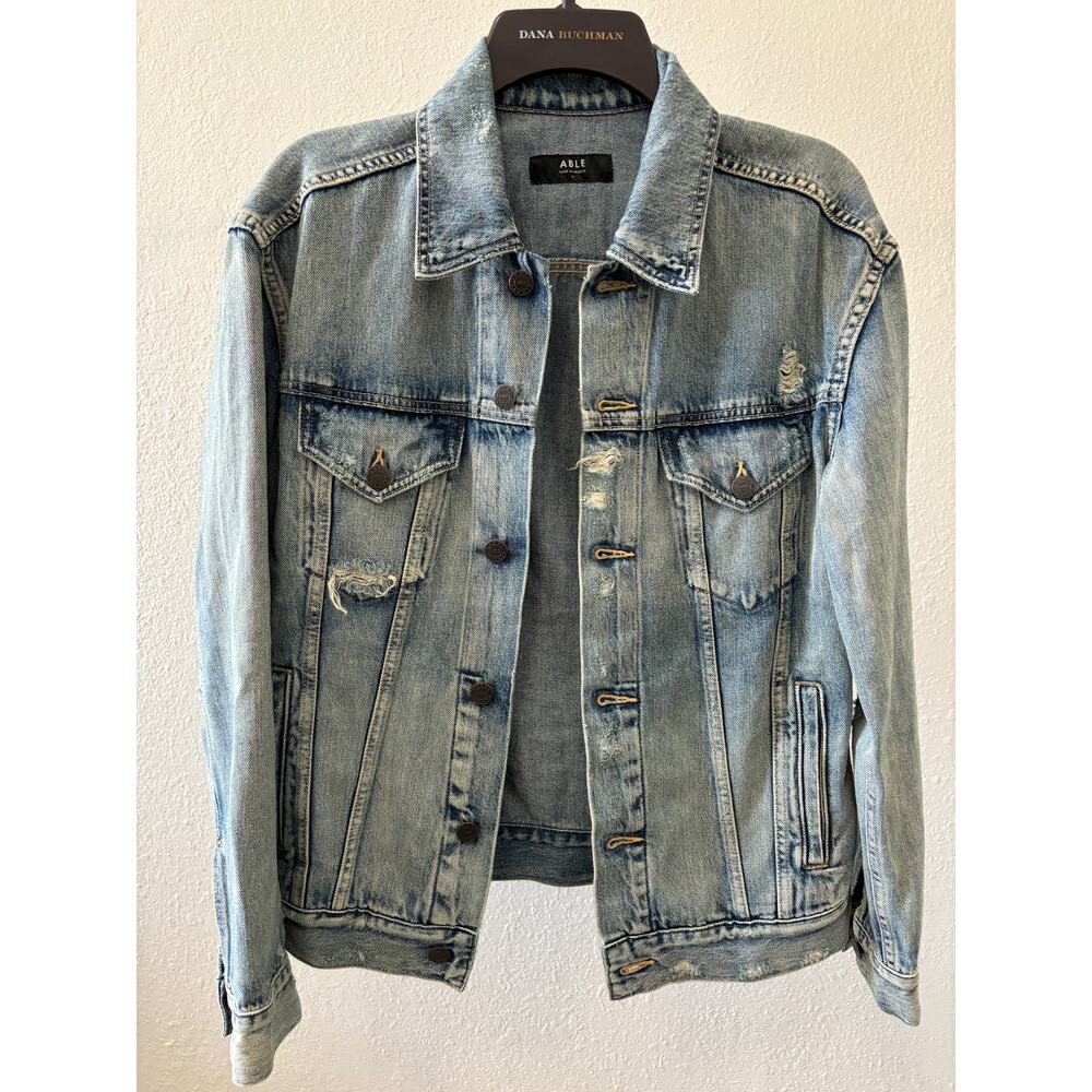 ABLE Jean Jacket Womens Size Medium Factory Distressed Blue Denim Boho